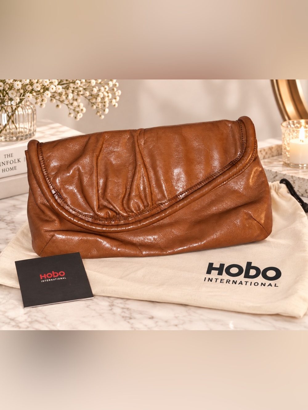 🤎 HOBO International Cognac Leather Clutch NWT | Dust Bag + Tag | Vintage Y2K